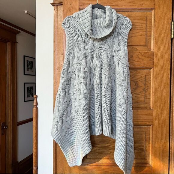 Anthropologie Madison 88 Chunky Knit Asymmetrical Cowl Turtleneck Poncho Sweater - Picture 2 of 5